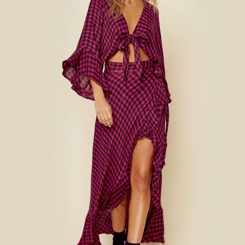 Planet Blue Red Plaid Kimono Top & Flannel Skirt